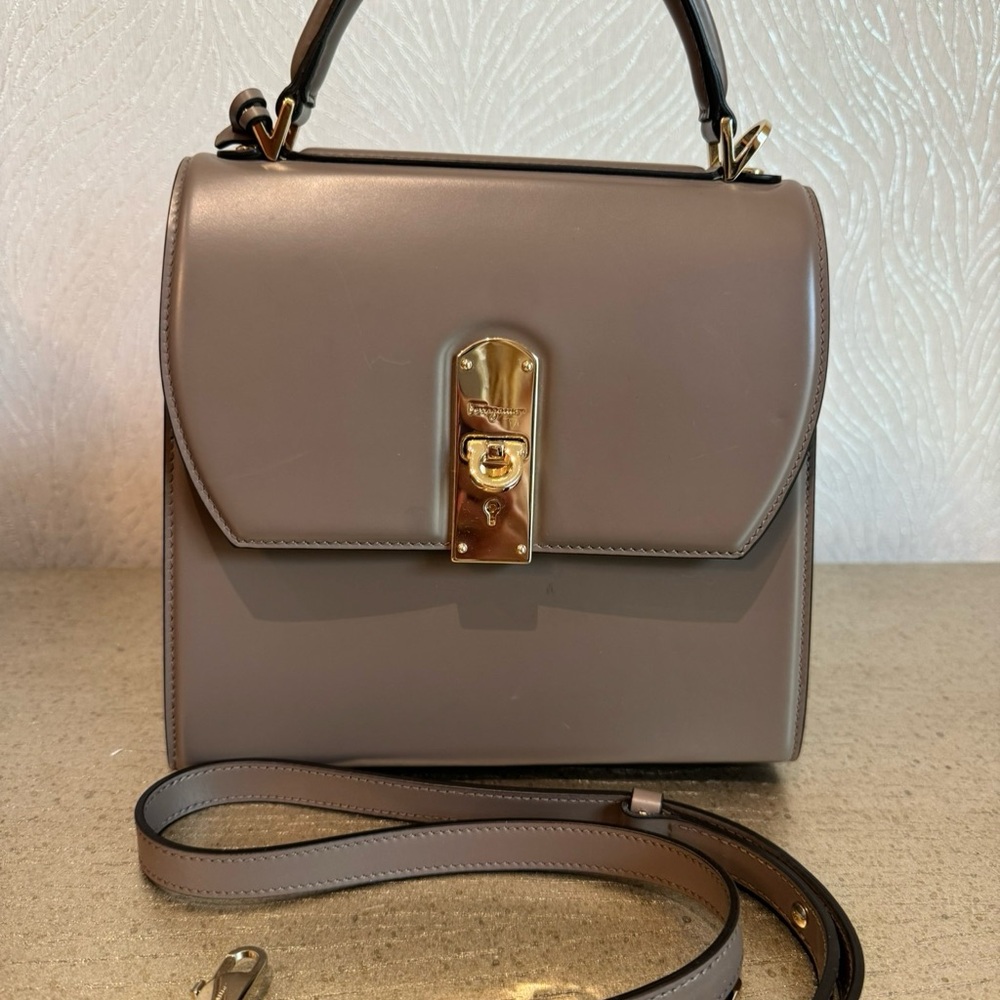 Salvatore Ferragamo Taupe Satchel with Gold Accents